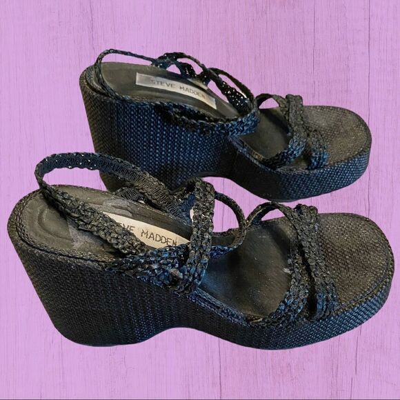 Vintage 90s Steve Madden chunky black square toe platform strappy sandals - Picture 1 of 7
